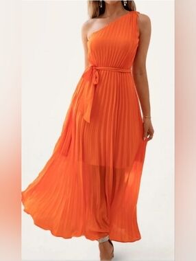 One-Shoulder Orange Pleated Maxi Dress